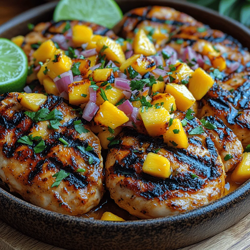 As the warm summer sun shines and outdoor gatherings beckon, there's nothing quite like the sizzle of grilled chicken to bring people together. One dish that perfectly captures the essence of summer is <strong>Grilled Mango Pineapple Chicken</strong>. This vibrant and flavorful dish not only tantalizes the taste buds but also boasts a multitude of health benefits thanks to its fresh ingredients. The sweet, tropical flavors of mango and pineapple meld beautifully with tender chicken, creating a dish that is both satisfying and nutritious.” /></p>
</p>
<p><strong>Detailed Instructions on Preparing the Grill</strong></p>
</p>
<p>Before you dive into grilling your delicious mango pineapple chicken, it’s essential to prepare your grill correctly. Start by cleaning the grill grates thoroughly. If you have a charcoal grill, ensure the ashes from previous grilling sessions are removed. For a gas grill, switch it on to medium heat for a few minutes to loosen grime before scrubbing with a grill brush.</p>
</p>
<p>Next, preheat your grill. Preheating is a crucial step that helps to ensure even cooking and prevents the chicken from sticking to the grates. Aim for a temperature of about 400°F (200°C) for optimal grilling. This temperature allows the sugars in the mango and pineapple to caramelize beautifully while cooking the chicken thoroughly.</p>
</p>
<p>Once the grill is preheated, oil the grill grates. This step is vital as it creates a non-stick surface and helps achieve those beautiful grill marks on your chicken. To oil the grates, use a pair of tongs to hold a folded paper towel soaked in cooking oil. Carefully wipe the grates with the towel, being cautious of any flare-ups.</p>
</p>
<p><strong>Grilling Technique</strong></p>
</p>
<p>Now that the grill is prepped, it’s time to focus on the grilling technique. Take the marinated chicken, allowing any excess marinade to drip off before placing it on the grill. Arrange the chicken pieces on the grill in such a way that they are not overcrowded; this allows heat to circulate evenly and prevents steaming.</p>
</p>
<p>For the best results, use the direct grilling method. This involves placing the chicken directly over the heat source. Grill the chicken for about 5-7 minutes on one side without moving it. This undisturbed cooking will create those coveted grill marks. Once you see the grill marks, flip the chicken pieces over and continue grilling for another 5-7 minutes on the other side.</p>
</p>
<p>To enhance flavor, consider placing the mango and pineapple slices on the grill alongside the chicken. They only need about 2-3 minutes per side until they are caramelized and have nice grill marks.</p>
</p>
<p><strong>Optimal Cooking Times and Tips for Achieving Perfect Grill Marks</strong></p>
</p>
<p>The cooking time can vary based on the thickness of the chicken breasts. Generally, it takes about 12-15 minutes for chicken breasts to cook thoroughly. To achieve perfect grill marks, maintain a consistent temperature and avoid flipping the chicken too frequently.</p>
</p>
<p>For chicken that is juicy and tender, it’s important to avoid overcooking. The best way to ensure doneness is by checking the internal temperature. The USDA recommends that chicken should reach an internal temperature of 165°F (74°C). You can use a meat thermometer inserted into the thickest part of the chicken breast to check for doneness accurately.</p>
</p>
<p><strong>Safety Tips for Checking Chicken Doneness</strong></p>
</p>
<p>When checking the internal temperature, ensure that the thermometer does not touch any bones, as this can give a false reading. If the chicken isn’t quite at the recommended temperature, place it back on the grill and check again after a couple of minutes. Once the chicken reaches 165°F, remove it from the grill and allow it to rest for about 5 minutes before slicing. This resting period allows the juices to redistribute within the meat, ensuring every bite is moist and flavorful.</p>
</p>
<p><strong>Serving Suggestions</strong></p>
</p>
<p>When it comes to serving your grilled mango pineapple chicken, the right accompaniments can elevate the meal. Here are some ideas:</p>
</p>
<p><strong>Pairing with Sides</strong></p>
</p>
<p>1. <strong>Rice Options:</strong> Pair your chicken with fragrant rice to complement its tropical flavors. Coconut rice is a fantastic option, as its sweetness enhances the dish’s overall profile. Alternatively, jasmine rice offers a light and floral aroma that pairs beautifully with the grilled chicken.</p>
</p>
<p>2. <strong>Salad Options:</strong> Fresh salads can provide a refreshing contrast to the warm, grilled chicken. Consider serving it with mixed greens drizzled with a light vinaigrette. A crunchy coleslaw with a tangy dressing can also add texture and balance to your plate.</p>
</p>
<p><strong>Presentation Tips</strong></p>
</p>
<p>To create an appealing dish, slice the grilled chicken on a diagonal and fan it out on the plate. Arrange the caramelized mango and pineapple slices around the chicken for a vibrant presentation. Adding lime wedges not only enhances flavor but also adds a pop of color to the dish. For a final touch, sprinkle fresh cilantro or parsley on top for an aromatic finish.</p>
</p>
<p><strong>Flavor Profile and Health Benefits</strong></p>
</p>
<p>The flavor combination in grilled mango pineapple chicken is a delightful balance of sweet, savory, and tangy. The tropical sweetness of the mango and pineapple contrasts beautifully with the smoky, charred notes from the grill. This interplay of flavors makes each bite a delightful experience.</p>
</p>
<p>In terms of health benefits, this dish is packed with nutrient-dense ingredients. Chicken is an excellent source of lean protein, essential for muscle repair and growth. The addition of mango and pineapple not only adds natural sweetness but also provides vitamins A and C, which are vital for immune function and skin health.</p>
</p>
<p><strong>Nutritional Highlights</strong></p>
</p>
<p>A serving of grilled mango pineapple chicken typically contains around 350 calories, depending on portion sizes and additional ingredients. This dish is low in saturated fat and high in healthy fats from the olive oil used in the marinade. The vibrant fruits contribute dietary fiber, which aids digestion and promotes satiety.</p>
</p>
<p>This dish is a great option for those looking to maintain a balanced diet. It incorporates lean protein and wholesome fruits, making it suitable for various dietary preferences, including those who are health-conscious or looking to enjoy a hearty meal without compromising nutritional value.</p>
</p>
<p><strong>Conclusion</strong></p>
</p>
<p>Grilled mango pineapple chicken is not just a meal; it’s an experience that brings tropical flavors to your table. With its simple preparation and beautiful presentation, this dish is perfect for family gatherings, barbecues, or even a weeknight dinner. The combination of juicy chicken, sweet fruits, and vibrant sides makes it a standout option that everyone will love.</p>
</p>
<p>We encourage you to try this recipe for a fresh and flavorful meal that showcases the joys of grilling. As you fire up your grill and prepare to enjoy this dish, think of the delightful moments shared with loved ones around the table. The experience of grilling and savoring this dish is sure to create lasting memories, making it a recipe you’ll come back to again and again. Enjoy your culinary adventure with grilled mango pineapple chicken!</p>
</div>