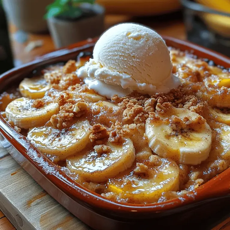 Banana Crumble Delight is a delightful dessert that brings warmth and comfort to any dining table. This simple yet indulgent recipe showcases the natural sweetness of ripe bananas, complemented by a buttery, crumbly topping that adds a satisfying texture and flavor. The beauty of this dish lies not only in its taste but also in its versatility; whether it's a family gathering, a casual weeknight dinner, or a special occasion, Banana Crumble Delight fits seamlessly into various contexts, making it a go-to recipe for many home bakers.