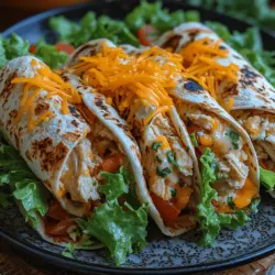 Cheesy Garlic Chicken Wraps are not only easy to prepare, but they also deliver an explosion of flavors that satisfy both hunger and cravings. The creamy chicken filling, enriched with garlic and herbs, complements the crunch of fresh lettuce and juicy tomatoes. Each bite is a delightful mix of warmth from the melted cheeses and the freshness of the veggies, making it a well-rounded meal. Whether you’re serving them for a family dinner or whipping them up for a movie night, these wraps are sure to please everyone at the table.