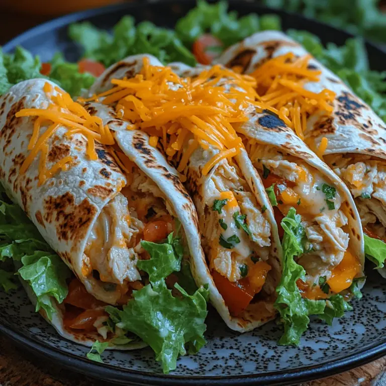 Cheesy Garlic Chicken Wraps are not only easy to prepare, but they also deliver an explosion of flavors that satisfy both hunger and cravings. The creamy chicken filling, enriched with garlic and herbs, complements the crunch of fresh lettuce and juicy tomatoes. Each bite is a delightful mix of warmth from the melted cheeses and the freshness of the veggies, making it a well-rounded meal. Whether you’re serving them for a family dinner or whipping them up for a movie night, these wraps are sure to please everyone at the table.