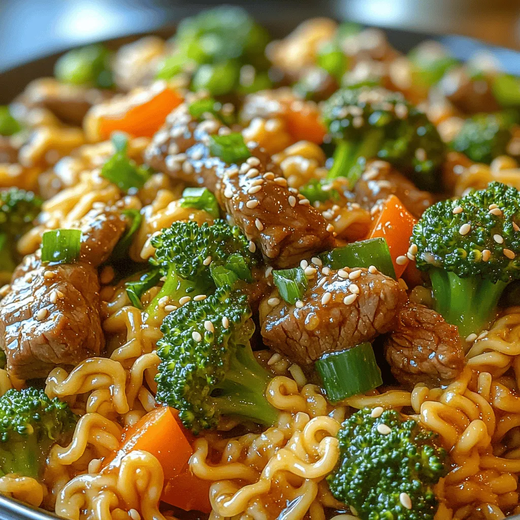 In the hustle and bustle of modern life, finding the time to prepare a nutritious and satisfying meal can often feel like a daunting task. Enter the stir fry, a culinary technique that not only embraces speed but also celebrates the vibrant flavors and textures of fresh ingredients. Among the myriad of stir fry options available, <strong>Savory Beef & Broccoli Ramen Stir Fry</strong> emerges as a standout dish, effortlessly combining the hearty satisfaction of beef with the nutritional benefits of vegetables, all enveloped in the comforting embrace of ramen noodles.” /></p>
</p>
<h3>Searing the Beef</h3>
</p>
<p>To achieve that mouthwatering depth of flavor in your Savory Beef & Broccoli Ramen Stir Fry, the first crucial step is searing the beef. Searing refers to cooking the surface of the meat at a high temperature until a golden-brown crust forms. This crust not only enhances the flavor through the Maillard reaction—where sugars and proteins react during cooking—but also helps to lock in the juices, ensuring the beef remains tender.</p>
</p>
<p><strong>Tips for Achieving the Perfect Crust:</strong></p>
<p>1. <strong>Use a High Smoke Point Oil:</strong> Choose oils such as canola, grapeseed, or avocado oil that can withstand high temperatures without burning.</p>
<p>2. <strong>Pat the Beef Dry:</strong> Use paper towels to remove excess moisture from the beef before searing. This helps achieve a better crust.</p>
<p>3. <strong>Don’t Overcrowd the Pan:</strong> Cook the beef in batches if necessary. Overcrowding can lower the pan’s temperature, leading to steaming rather than searing.</p>
<p>4. <strong>Let it Rest:</strong> After searing, allow the beef to rest for a few minutes. This step helps redistribute the juices throughout the meat for optimal tenderness.</p>
</p>
<h3>Sautéing the Vegetables</h3>
</p>
<p>Next, sautéing the vegetables is an art that can elevate your stir fry with vibrant colors and fresh flavors. The goal is to cook them just enough to soften slightly while maintaining their crispness and nutrients.</p>
</p>
<p><strong>How to Properly Sauté Vegetables:</strong></p>
<p>1. <strong>Use a Large Skillet or Wok:</strong> A spacious cooking vessel allows for better heat distribution and prevents overcrowding.</p>
<p>2. <strong>Preheat the Pan:</strong> Ensure your skillet is hot before adding the oil. A hot pan will help the vegetables cook quickly and evenly.</p>
<p>3. <strong>Add in Stages:</strong> Start with the harder vegetables, like broccoli, which take longer to cook. Add softer vegetables, such as bell peppers or carrots, afterward to create a balance of textures.</p>
<p>4. <strong>Quick Cooking:</strong> Stir the vegetables continuously to avoid burning while ensuring they maintain their bright colors and crunch.</p>
</p>
<h3>Cooking Process</h3>
</p>
<p>Now that you have your beef seared and vegetables sautéed, it’s time to bring everything together. Here’s a detailed breakdown of the cooking steps that will lead to a deliciously cohesive dish.</p>
</p>
<p>1. <strong>Prepare the Ramen Noodles:</strong> In a separate pot, cook the ramen noodles according to package instructions. Drain and set aside, reserving a bit of the cooking water. This water can help loosen the sauce later.</p>
</p>
<p>2. <strong>Combine the Beef and Vegetables:</strong> Return the seared beef to the skillet with the sautéed vegetables. Toss gently to combine, allowing the flavors to meld for about 1-2 minutes.</p>
</p>
<p>3. <strong>Add the Sauce:</strong> Pour your pre-prepared sauce (soy sauce, oyster sauce, garlic, and ginger mixture) over the beef and vegetables. Stir continuously to ensure even coverage. If the mixture seems too thick, add a splash of the reserved noodle water until the desired consistency is reached.</p>
</p>
<h3>Combining Ingredients</h3>
</p>
<p>Tossing the ingredients properly is essential for a well-balanced dish. Here are some pointers to ensure the sauce and ingredients are evenly distributed:</p>
</p>
<p>1. <strong>Use a Spatula:</strong> A flexible spatula allows you to gently lift and fold the mixture without breaking the noodles.</p>
<p>2. <strong>High Heat:</strong> Keeping the heat at medium-high ensures that everything is heated through quickly without overcooking any components.</p>
<p>3. <strong>Toss, Don’t Stir:</strong> Use a tossing motion to incorporate the noodles, beef, and vegetables. This technique allows for better mixing without mashing the ingredients.</p>
</p>
<h3>Thickening the Sauce</h3>
</p>
<p>To achieve the ideal sauce consistency, a cornstarch slurry will play a vital role. This mixture of cornstarch and water thickens the sauce, giving it a glossy finish that clings beautifully to the noodles and meat.</p>
</p>
<p><strong>How to Make a Cornstarch Slurry:</strong></p>
<p>1. <strong>Mix Equal Parts:</strong> Combine 1 tablespoon of cornstarch with 1 tablespoon of cold water in a small bowl. Stir until smooth.</p>
<p>2. <strong>Incorporate Gradually:</strong> Once your stir fry is heated through, slowly drizzle the slurry into the pan while stirring continuously. You’ll notice the sauce thickening almost immediately.</p>
<p>3. <strong>Adjust as Needed:</strong> If the sauce becomes too thick, add a little more broth or noodle water to reach your desired consistency.</p>
</p>
<h3>Serving Suggestions</h3>
</p>
<p>Presentation is key when it comes to enjoying your Savory Beef & Broccoli Ramen Stir Fry. Here are some ideas for plating and garnishing that will enhance the visual appeal of your dish:</p>
</p>
<p>1. <strong>Choose the Right Bowl:</strong> A deep bowl allows the ingredients to be layered nicely, showcasing the vibrant colors of the beef, broccoli, and noodles.</p>
<p>2. <strong>Arrange Thoughtfully:</strong> Place the noodles at the bottom, then top with the beef and vegetable mixture. This layering effect not only looks appetizing but also helps to keep the noodles from becoming soggy.</p>
<p>3. <strong>Garnish Generously:</strong> Finish with a sprinkle of sesame seeds and chopped green onions for added flavor and a pop of color.</p>
</p>
<h3>Garnishing with Sesame Seeds and Green Onions</h3>
</p>
<p>Garnishes do more than just make a dish look good; they add flavor and texture. Sesame seeds provide a nutty crunch, while green onions contribute a fresh, mild onion flavor that brightens the overall taste of the dish.</p>
</p>
<p>– <strong>Sesame Seeds:</strong> Toasting sesame seeds in a dry skillet for a few minutes enhances their flavor. Sprinkle them on top just before serving for an aromatic finish.</p>
<p>– <strong>Green Onions:</strong> Chop green onions finely and scatter them over the dish. The green tops add a fresh touch, contrasting nicely with the savory elements of the stir fry.</p>
</p>
<h3>Pairing Suggestions</h3>
</p>
<p>To complement your Savory Beef & Broccoli Ramen Stir Fry, consider these side dishes and beverages that can enhance your meal experience:</p>
</p>
<p>1. <strong>Side Dishes:</strong></p>
<p>– <strong>Spring Rolls:</strong> Light and crispy, spring rolls filled with vegetables or shrimp make a delightful appetizer.</p>
<p>– <strong>Edamame:</strong> Steamed edamame sprinkled with sea salt can serve as a healthy and protein-rich side.</p>
<p>– <strong>Cucumber Salad:</strong> A refreshing cucumber salad dressed with rice vinegar and sesame oil can balance the richness of the stir fry.</p>
</p>
<p>2. <strong>Beverages:</strong></p>
<p>– <strong>Green Tea:</strong> A warm cup of green tea pairs well, offering a refreshing contrast to the savory flavors of the dish.</p>
<p>– <strong>Sake:</strong> For a more traditional experience, serve with chilled or warm sake, which complements the umami flavors beautifully.</p>
</p>
<h3>Nutritional Information</h3>
</p>
<p>Understanding the nutritional value of your Savory Beef & Broccoli Ramen Stir Fry can help you appreciate its health benefits. Here’s a breakdown of key nutrients:</p>
</p>
<p>– <strong>Beef:</strong> A great source of protein, iron, and vitamin B12, which are essential for energy production and overall health.</p>
<p>– <strong>Broccoli:</strong> Rich in vitamins C and K, fiber, and antioxidants, broccoli supports immune function and promotes digestive health.</p>
<p>– <strong>Ramen Noodles:</strong> While they are a carbohydrate source, choosing whole grain or egg noodles can enhance the nutritional profile.</p>
<p>– <strong>Sesame Seeds:</strong> High in healthy fats, protein, and minerals like calcium and magnesium, sesame seeds contribute to bone health and heart health.</p>
</p>
<h3>Cultural Significance</h3>
</p>
<p>Stir frying is a cornerstone technique in Asian cuisine, celebrated for its speed and versatility. Originating in China, stir frying allows for quick cooking over high heat, preserving the vibrant colors and flavors of fresh ingredients. Variations of stir fry can be found across Asia, from the classic Chinese chow mein to the Japanese yakisoba and Thai pad see ew, each with unique regional ingredients and flavors.</p>
</p>
<p>Embracing stir fry in your cooking not only reflects culinary traditions but also allows for creativity in the kitchen, making it a beloved method for home cooks worldwide.</p>
</p>
<h3>Conclusion</h3>
</p>
<p>The Savory Beef & Broccoli Ramen Stir Fry is a satisfying and versatile dish that brings together a harmonious blend of flavors and textures. Its simplicity makes it perfect for weeknight dinners, while its vibrant presentation makes it suitable for gatherings. By mastering the techniques of searing, sautéing, and combining, you can easily create a restaurant-quality meal at home. This dish not only nourishes the body but also celebrates the rich culinary traditions of stir fry, inviting you to explore the diverse flavors of Asian cuisine. Whether enjoyed solo or shared with loved ones, this ramen stir fry is sure to become a cherished favorite in your household.</p>
</div>