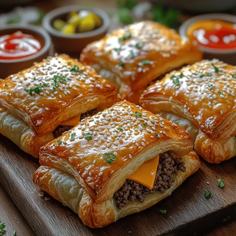 Mini cheeseburger puff pastries are the perfect bite-sized treat that brings together the beloved flavors of a classic cheeseburger with the delightful flakiness of puff pastry. These delectable pastries serve as an ideal appetizer or snack, making them a favorite choice for parties, game days, or casual gatherings. Their fun and inviting appearance, combined with a rich, savory filling, makes them a hit with both kids and adults alike. Whether you’re hosting a birthday party, celebrating a holiday, or simply enjoying a weekend get-together, mini cheeseburger puff pastries are sure to impress your guests and elevate your culinary offerings.