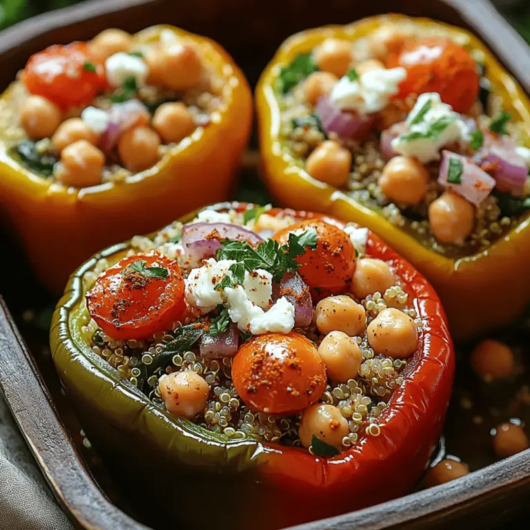 Embark on a culinary journey with Mediterranean Quinoa Stuffed Peppers, a dish that beautifully encapsulates the vibrant and varied flavors of the Mediterranean region. This recipe is not just a treat for the palate but also a feast for the eyes, featuring an array of colorful vegetables nestled in perfectly roasted bell peppers. The combination of protein-packed quinoa, hearty chickpeas, and a medley of fresh vegetables creates a nutritious and satisfying meal. Whether you're preparing a weeknight dinner or planning for a special gathering, these stuffed peppers are a fantastic choice for vegetarians and anyone eager to embrace healthier eating habits.