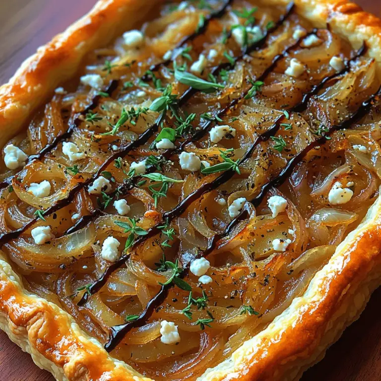 Discover the delightful fusion of flavors in our Savory Caramelized Onion & Goat Cheese Tart. This dish perfectly marries the rich, sweet notes of caramelized onions with the tangy creaminess of goat cheese, all enveloped in a flaky puff pastry. Each bite offers a harmonious blend of textures and tastes, making it a standout choice for various occasions. Whether served as a light lunch, a savory brunch option, or an appetizer for gatherings, this tart is not only delicious but also visually appealing, presenting beautifully with its golden crust and rich filling.