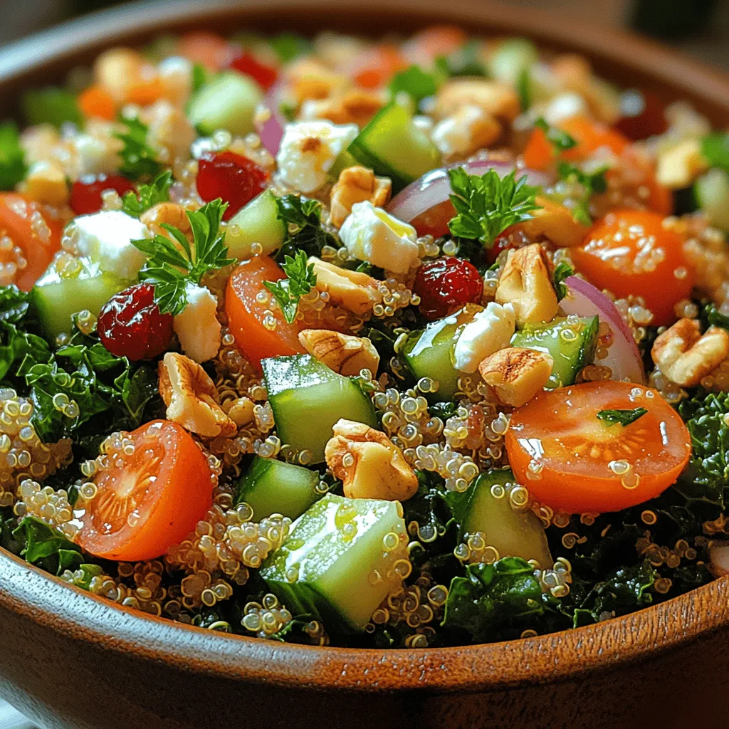 In an era where health-conscious eating is gaining momentum, the Vibrant Kale and Quinoa Salad stands out as a nourishing and colorful option that easily appeals to a wide range of palates. This salad is not just a feast for the eyes; it is a powerhouse of nutrients, combining the earthy flavors of kale and the nutty essence of quinoa with a medley of fresh vegetables and a zesty dressing. Whether you're looking to enhance your lunch routine, serve a delightful side at a gathering, or simply enjoy a light dinner, this salad is versatile enough to fit the occasion.