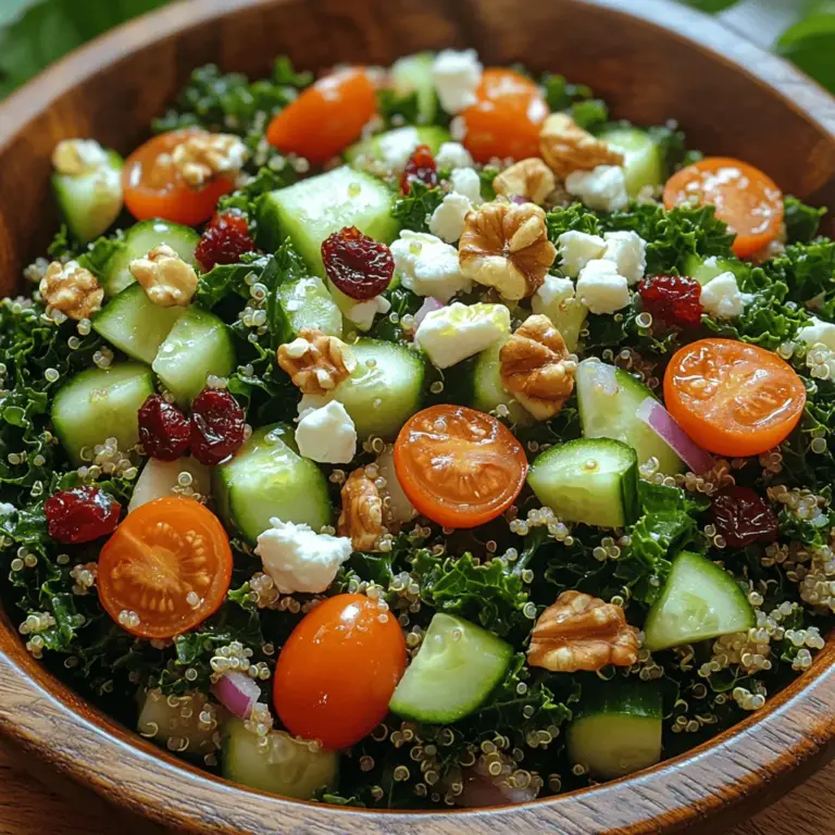 In an era where health-conscious eating is gaining momentum, the Vibrant Kale and Quinoa Salad stands out as a nourishing and colorful option that easily appeals to a wide range of palates. This salad is not just a feast for the eyes; it is a powerhouse of nutrients, combining the earthy flavors of kale and the nutty essence of quinoa with a medley of fresh vegetables and a zesty dressing. Whether you're looking to enhance your lunch routine, serve a delightful side at a gathering, or simply enjoy a light dinner, this salad is versatile enough to fit the occasion.