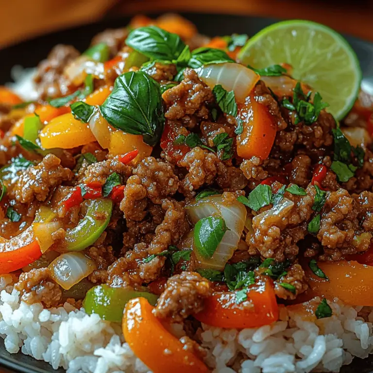 Delve into the vibrant flavors of Southeast Asia with this Spicy Thai Basil Beef Stir Fry, a dish known in Thailand as "Pad Krapow Moo." This culinary gem showcases the aromatic qualities of fresh Thai basil, seamlessly combined with the savory richness of ground beef and a medley of colorful vegetables. Not only is this dish a feast for the eyes, but its bold and aromatic flavors are sure to tantalize your taste buds and transport you straight to the bustling streets of Bangkok.