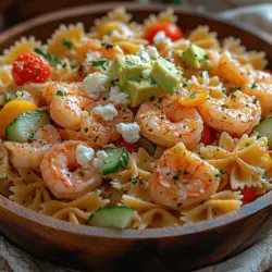 At the foundation of this Sunny Citrus Shrimp Pasta Salad is farfalle pasta, commonly known as bow-tie pasta. This pasta shape is not only visually appealing but also serves a practical purpose in this salad. Farfalle is excellent for holding onto dressing and capturing the flavors of the ingredients it mingles with. Its unique shape makes it perfect for salads, as it provides a satisfying bite and adds an element of fun to the dish. Furthermore, farfalle is versatile; it can be used in warm dishes or cold salads, making it a staple in many kitchens.