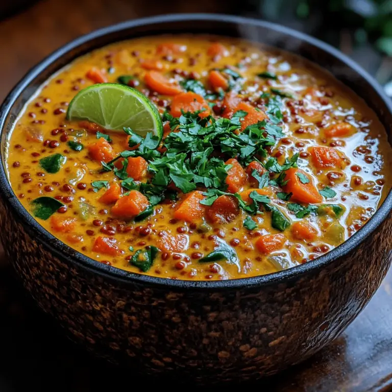 Coconut Curry Lentil Stew is more than just a dish; it’s a delightful experience that marries the creamy richness of coconut milk with the hearty texture of lentils, all enveloped in a fragrant curry sauce. This recipe is significant not only for its comforting flavors but also for its nutritional value, making it a favorite among vegans, vegetarians, and anyone looking to incorporate more plant-based meals into their diet. The robust flavors of spices such as turmeric, cumin, and coriander blend beautifully with the natural sweetness of coconut milk, creating a stew that is both satisfying and wholesome.