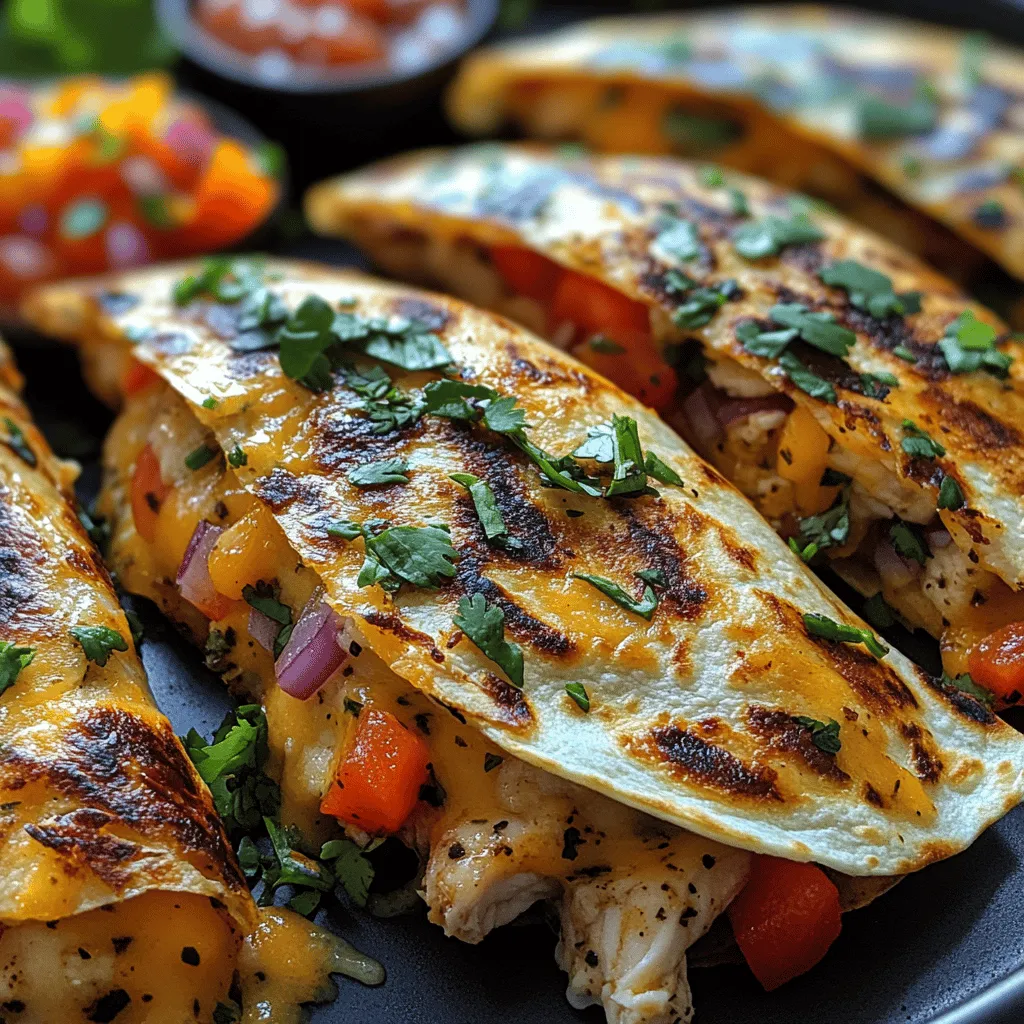 <strong>Introduction</strong>” /></p>
</p>
<h3>Flipping Quesadillas Without Damage</h3>
</p>
<p>Flipping quesadillas can be a daunting task, especially if you want to keep the filling intact and the tortilla crispy. Here are some effective techniques to ensure that your quesadillas remain in perfect shape during the cooking process:</p>
</p>
<p>– <strong>Use a Large Spatula</strong>: A wide spatula allows you to lift more of the quesadilla at once, providing better support and reducing the risk of tearing.</p>
<p>– <strong>Slide and Flip</strong>: Instead of lifting straight off the pan, slide the spatula beneath the quesadilla slowly, angling it slightly to get under the entire portion before flipping. This technique minimizes stress on the tortilla.</p>
<p>– <strong>Two-Spatula Method</strong>: For larger quesadillas, consider using two spatulas. Place one under the quesadilla and the other on top to stabilize it, allowing for a smooth flip.</p>
<p>– <strong>Cook in Portions</strong>: If you’re making multiple quesadillas, it can be helpful to cook them one or two at a time. This ensures you have enough space to maneuver without crowding and damaging the tortillas.</p>
</p>
<h3>Importance of Resting Time</h3>
</p>
<p>After cooking, it’s tempting to dive right into those crispy chicken quesadilla wedges. However, allowing them to rest for about 5 minutes before cutting is crucial. This resting time serves several purposes:</p>
</p>
<p>– <strong>Set the Filling</strong>: Letting the quesadillas rest allows the melted cheese to slightly cool and solidify, which helps keep the filling intact when cutting.</p>
<p>– <strong>Enhance Texture</strong>: The resting period helps maintain a crispy exterior while ensuring the inside remains warm and gooey without becoming soggy.</p>
<p>– <strong>Easier to Cut</strong>: Cutting into quesadillas that have had a moment to rest prevents the filling from spilling out, allowing for clean wedges that are as visually appealing as they are delicious.</p>
</p>
<h3>Serving Suggestions</h3>
</p>
<p>When it comes to serving your crispy chicken quesadilla wedges, presentation can elevate the dining experience. Here are some creative ideas:</p>
</p>
<p>– <strong>Plating for Gatherings</strong>: Arrange the wedges in a circular pattern on a large platter. Drizzle some sour cream or guacamole in the center for dipping. Garnish with fresh cilantro leaves and lime wedges for a pop of color.</p>
<p>– <strong>Flavor Pairings</strong>: Enhance the flavor profile of your quesadillas by serving them with fresh salsa and a sprinkle of cilantro. The acidity from the salsa complements the richness of the quesadilla, balancing the flavors beautifully.</p>
<p>– <strong>Dipping Sauce Options</strong>: Beyond salsa, consider offering a variety of dipping sauces to cater to different tastes. A zesty chipotle mayo, creamy ranch dressing, or even a tangy avocado crema can elevate the experience. These sauces not only add flavor but also create a fun interactive element for guests.</p>
</p>
<h3>Nutritional Information</h3>
</p>
<p>Understanding the nutritional benefits of your ingredients can help you make informed decisions, especially when serving family and friends.</p>
</p>
<p>– <strong>Nutritional Benefits</strong>: Chicken is an excellent source of protein, essential for muscle building and repair. Whole wheat tortillas can add fiber to your diet, aiding digestion. Cheese provides calcium, which is vital for bone health.</p>
<p>– <strong>Portion Control</strong>: One quesadilla wedge typically serves as a balanced snack or appetizer. However, if served as a main dish, two wedges can make a fulfilling meal. It’s important to keep portion sizes in mind, especially when pairing with rich dips.</p>
<p>– <strong>Dietary Considerations</strong>: For those with dietary restrictions, there are plenty of options. Gluten-free tortillas are widely available, and using low-fat cheese can reduce calories without sacrificing flavor. Additionally, consider swapping chicken for plant-based proteins like beans or tofu for a vegetarian option.</p>
</p>
<h3>Variations and Customizations</h3>
</p>
<p>This recipe is highly adaptable, making it perfect for different tastes and dietary needs. Here’s how to customize your quesadilla:</p>
</p>
<p>– <strong>Ingredient Swaps</strong>: Feel free to experiment with vegetables like bell peppers, mushrooms, or spinach. Adding black beans or corn not only enhances the flavor but also boosts the fiber content.</p>
<p>– <strong>Spicing It Up</strong>: If you enjoy a bit of heat, consider adding jalapeños or spice blends like taco seasoning or smoked paprika. This can be mixed into the chicken or sprinkled over the filling before cooking.</p>
<p>– <strong>Dietary Adaptations</strong>: Make this dish fit various dietary preferences by adjusting the protein. Use shredded rotisserie chicken for a quick option, or try shrimp or beef for a different twist. For those who prefer vegan options, substitute chicken with sautéed vegetables or plant-based protein and use vegan cheese.</p>
</p>
<h3>Conclusion</h3>
</p>
<p>Crispy chicken quesadilla wedges are not only easy to make but are also incredibly versatile, making them suitable for a variety of occasions—from casual weeknight dinners to festive gatherings. Their delicious combination of flavors and textures is sure to please everyone at the table.</p>
</p>
<p>Encouraging creativity in the kitchen is key; don’t hesitate to experiment with the ingredients and flavors to make this recipe your own. Whether you stick to the classic version or try out unique variations, these quesadilla wedges are guaranteed to impress. So gather your ingredients, follow the steps, and enjoy the delightful process of cooking! Your crispy chicken quesadilla wedges await.</p>
</div>
